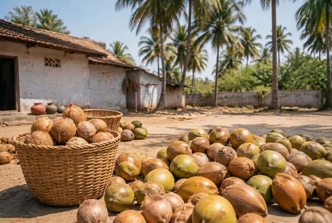 Freshly harvested coconuts in Udumalpet