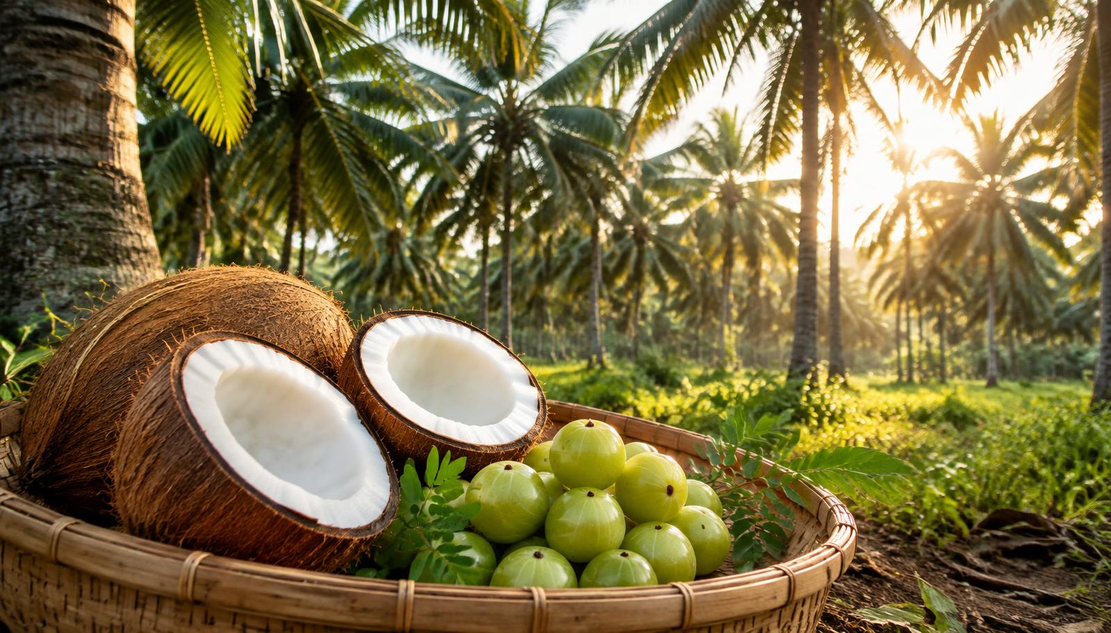 Coconut grove with fresh coconuts and amla